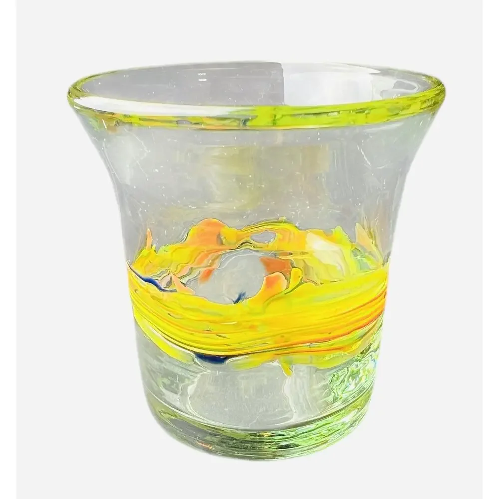 Mexican Hand Blown Glass Tumbler Yellow/Orange/Blue Swirl Spiral 4